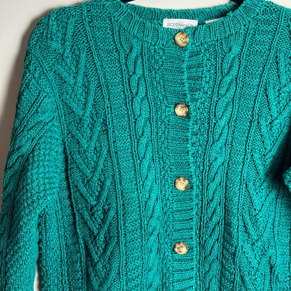 Vintage Sostanza Teal Cable Knit Cardigan – Women’s Large - Picture 2 of 4